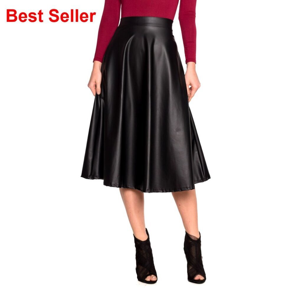 Faux Leather Flare Skirt A-Line Below Knee Pull On Stretchy